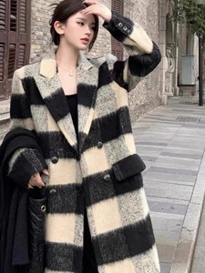 GG。秋冬新款赫本风格子双面羊绒大衣高级感毛呢中长款外套