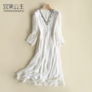 白色高级感七分袖真丝钉珠连衣裙女夏季中长款桑蚕丝修身气质长裙