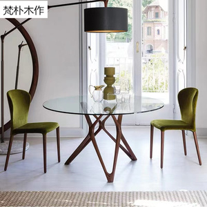 意式极简北美黑胡桃木圆形餐桌现代简约风格玻璃休闲小圆桌纯实木