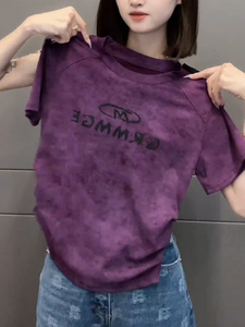 今年新款紫色圆领修身短袖女夏季美式韩版洋气街头时尚减龄上衣潮