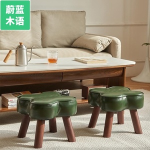 新中式实木换鞋凳网红矮凳油蜡皮轻奢板凳美式皮凳复古坐凳花朵凳