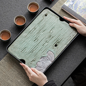 荷花陶瓷面板蓄水式储水茶台长方茶盘家用现代简约干泡台茶海托盘
