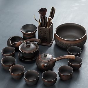 紫陶功夫茶具套装复古家用简约陶瓷侧把泡茶壶盖碗整套茶杯茶盘