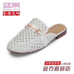 蓝棠牛皮鞋v0130圆头平跟包头镂空拖鞋日常欧美纯色女编制凉鞋
