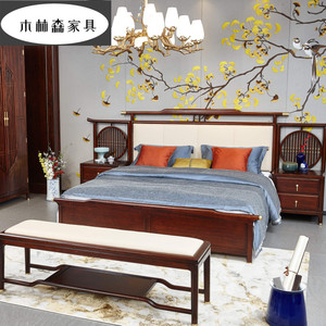 新中式实木床轻奢双人床真皮靠背软包主卧1.8米大床现代简约家具