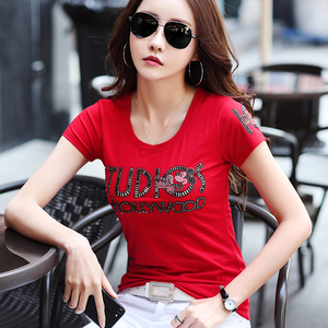 品牌夏季红色短袖体恤2024年新款纯棉t恤女修身百搭t桖女妈妈小衫