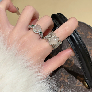 法式高端仿白玉髓玉石戒指女纯银色气质气奢华精致高级感轻奢指环