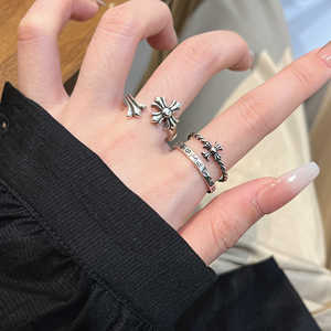韩国小众复古十字架戒指女ins潮网红时尚个性开口可调节食指戒子