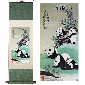 老秀馆蜀锦中华瑰宝熊猫款竖幅卷轴画中国风特色工艺品送老外礼物