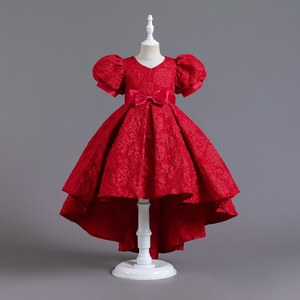 女童礼服拖尾裙红色儿童女孩公主裙前短后长高端主持人高级蓬蓬服