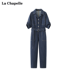 拉夏贝尔/La Chapelle腰带牛仔连体裤女高腰显瘦薄款连体衣新款夏