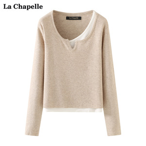 拉夏贝尔/La Chapelle设计感假两件带底衫女V领拼接套头毛衣春款