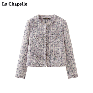拉夏贝尔/La Chapelle圆领紫色小香风外套女高级感ol风超好看上衣