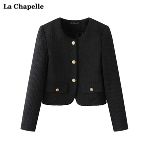 拉夏贝尔/La Chapelle圆领金扣编织小香风外套女气质红色上衣春季