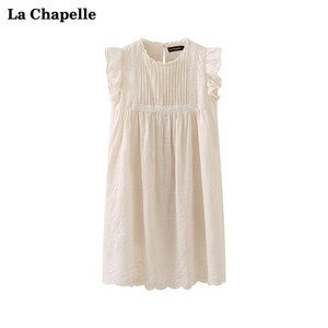 拉夏贝尔/La Chapelle减龄花边飞飞袖连衣裙褶皱直筒宽松娃娃裙夏