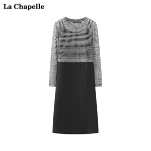 拉夏贝尔/La Chapelle黑色吊带连衣裙女圆领镂空长袖针织衫套装春