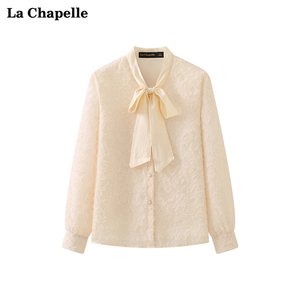拉夏贝尔/La Chapelle蝴蝶结系带亮丝流苏珍珠扣长袖衬衫女春新款