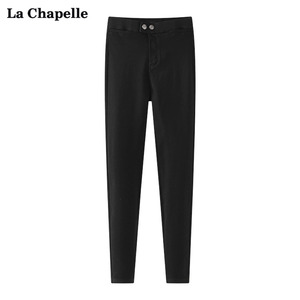 拉夏贝尔LaChapelle弹力小脚魔术裤女高腰显瘦外穿黑色加绒打底裤