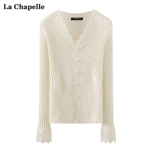 拉夏贝尔/La Chapelle毛衣女洋气v领打底衫内搭蕾丝拼接针织衫春