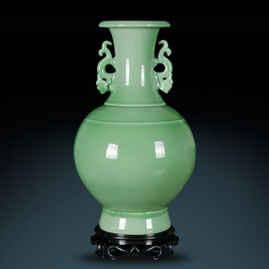 景德镇陶瓷器花瓶仿古青釉双耳赏瓶中式古典客厅装饰品博古架摆件