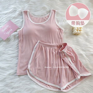 吊带背心睡衣女款夏季莫代尔性感小个子纯欲风带胸垫一体粉色套装