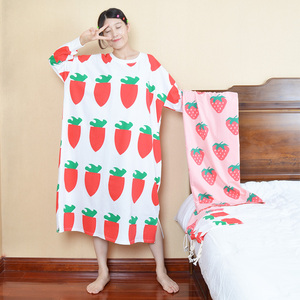 高个子春秋家居服大码韩版长款睡裙可爱草莓宽松长袖睡衣女200斤