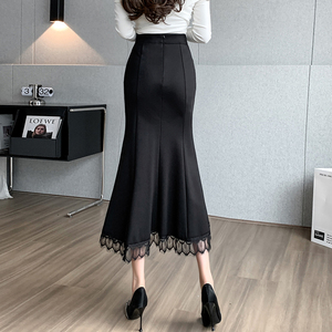 黑色高腰弹力a字半身裙女春季设计感蕾丝拼接中长款包臀鱼尾裙子