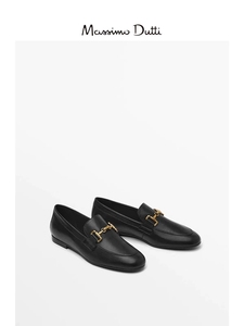 Massimo Dutti女鞋真皮黑色平底单鞋女低跟乐福鞋金属卡扣金典款