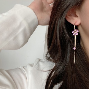 s925银针韩国气质紫色水晶花朵耳钉长款超仙流苏耳环网红耳坠耳圈