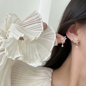 s925小众设计法式珍珠玫瑰花朵耳钉女甜美夏季超仙气质温柔耳夹