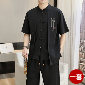 中国风短袖t恤男士休闲夏季假两件国潮男装棉麻新中式汉服2件套装