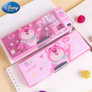 迪士尼草莓熊2024新款粉色流沙笔盒小学生可爱女ins大容量儿童创意网红卡通双层带卷笔刀文具盒