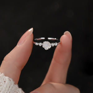 S925纯银白玫瑰戒指女小众设计感开口可调节指环单戒闪钻食手饰品