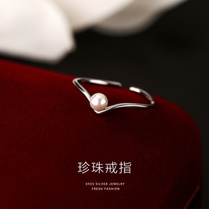 925纯银珍珠食指戒指女设计小众2023年新款潮素圈高级感轻奢指环