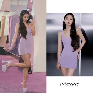 Jennie同款紫色修身高腰性感无袖针织吊带包臀连衣裙女裙子夏