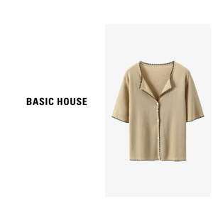 Basic House/百家好撞色休闲针织衫女式夏季新款宽松短袖针织开衫