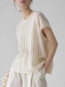 韩国东大门高端奢华气质女装米白色针织短袖T恤夏季宽松镂空上衣