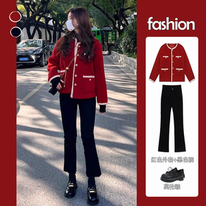 深秋冬女装高级感今年流行穿搭配一整套红色外套黑色裤子两件套装