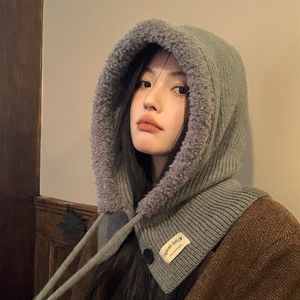 韩国巴拉克拉法帽女冬季骑车保暖帽子围脖一体情侣加绒毛线针织帽
