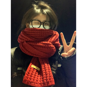 韩国东大门粗针织毛线围巾女2023新款冬季高级感红色百搭保暖围脖