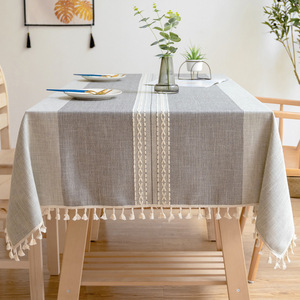 日式条纹棉麻桌布长方形圆桌小清新北欧外贸茶几盖布绣花亚麻台布