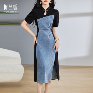 新中式气质修身牛仔裙拼接女人味连衣裙女夏季长款收腰显瘦高级感