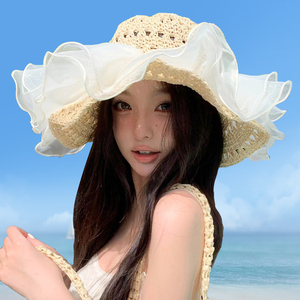 气质沙滩草帽海边度假夏季遮阳三亚旅游拍照帽子女优雅大帽檐防晒