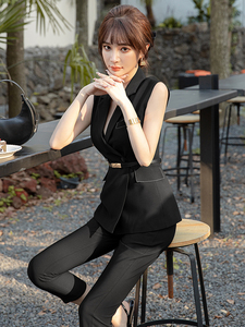 新收腰高端黑色无袖马甲西装9分裤薄款时尚两件套职业夏季套装女
