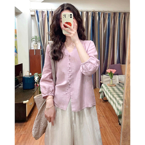 法式复古日系紫色v领亚麻棉麻长袖衬衫女夏季娃娃衫外穿外套上衣