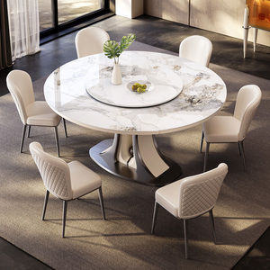 伸缩岩板餐桌家用小户型现代简约变形伸缩方变圆带转盘餐桌椅组合