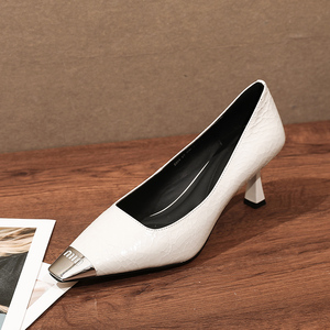 女鞋SG 2024春秋季新款高跟鞋细跟高级感真皮一脚蹬白色单鞋5厘米