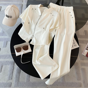 品牌白色休闲运动套装女夏季时髦洋气显瘦欧货上衣阔腿裤两件套潮
