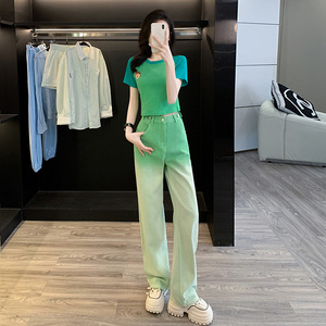 韩系休闲运动套装女夏天洋气减龄绿色短袖T恤渐变牛仔裤两件套ins