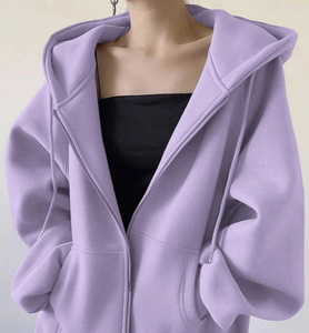 浅紫色重磅连帽卫衣女秋冬季加绒加厚即墨高级感纯色拉链开衫外套